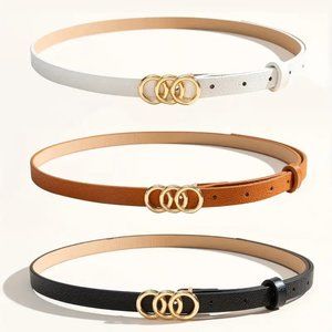 3 BELTS Embossed PU Leather Thin Triple O Ring Black Brown White Stylish Glam